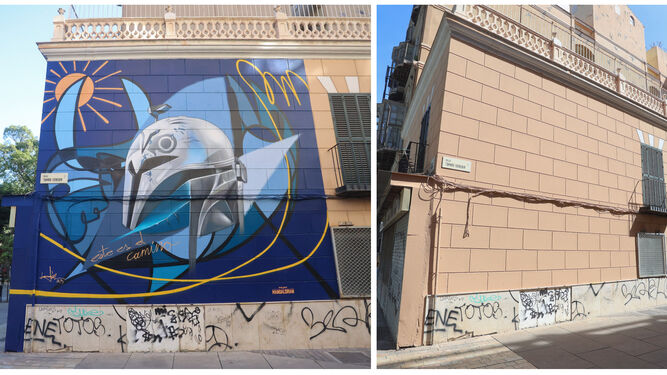 A la izquierda, el mural de 'The Mandalorian' en el Soho; a la derecha, la fachada limpia.